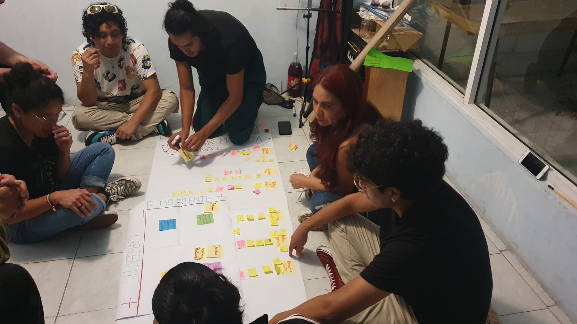 A group of people sitting on the floor around a big piece of paper with post-its