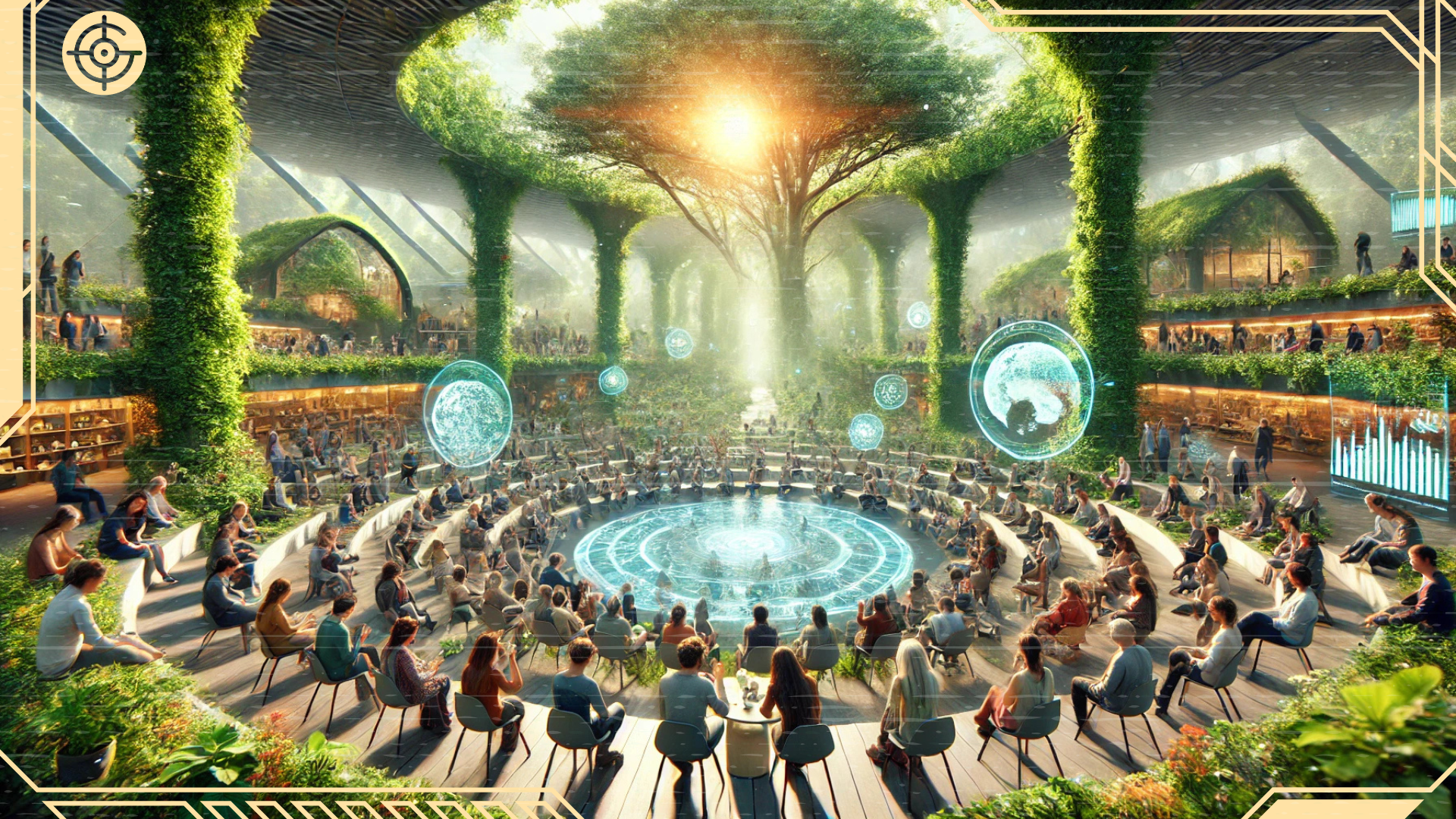 A futuristic scene of a big gathering 